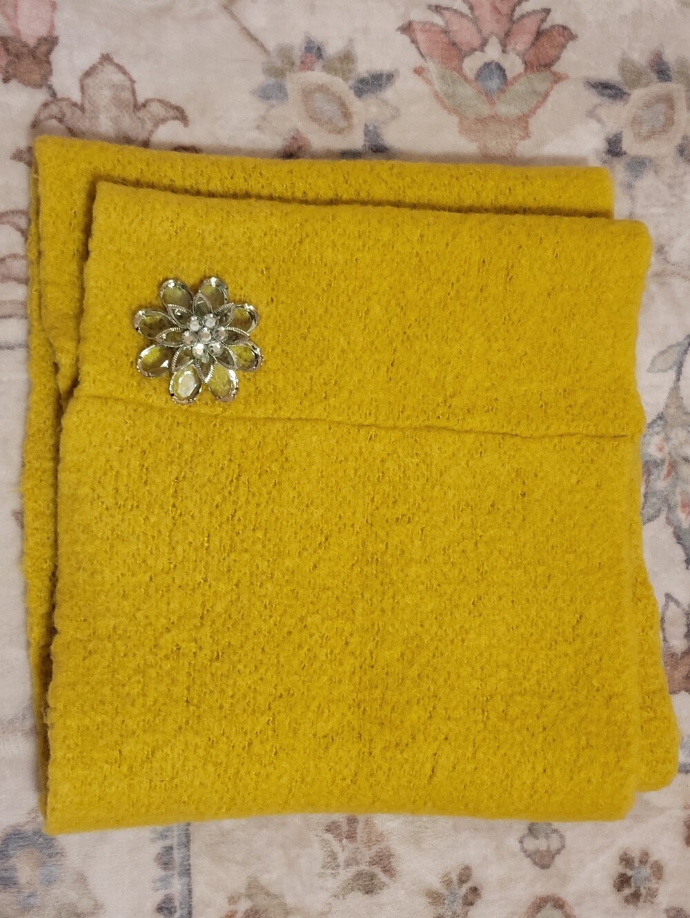 Mustard Yellow Wool Blend Scarf with Decorative Brooch - Women Accessories